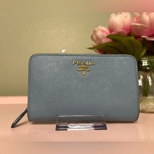 Prada Lampo Light Blue Saffiano Compact Wallet with Gold Logo